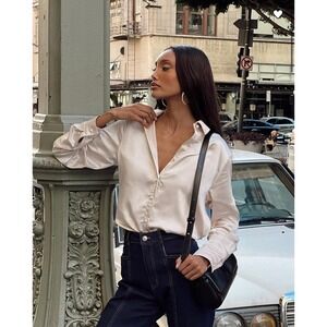 Princess Polly Aubree Satin Button-Up Shirt Champagne‎ Silky Blouse US 4